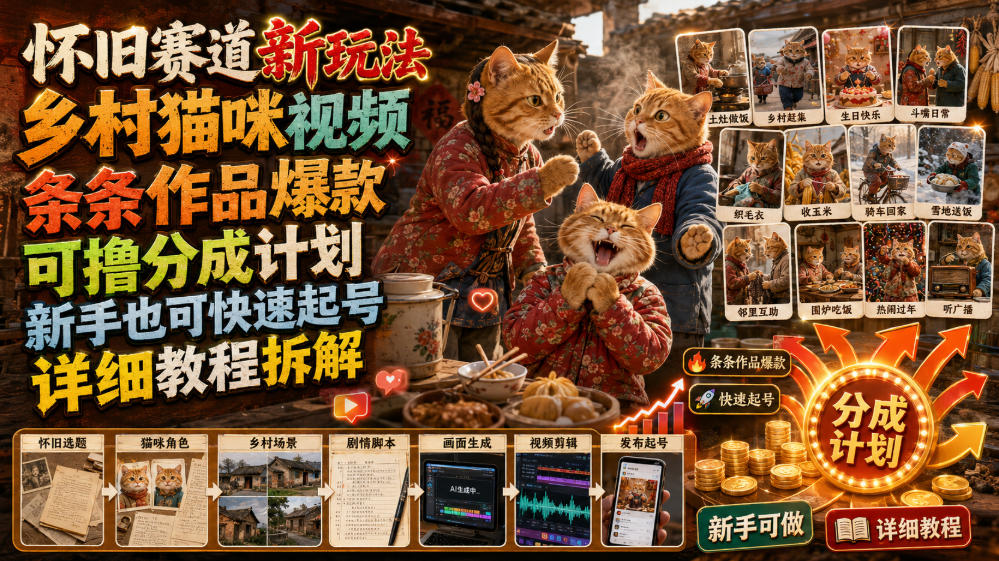 怀旧赛道新玩法,乡村猫咪视频,条条作品爆款,可撸分成计划,新手也可快速起号,详细教程拆解-荆楚AI