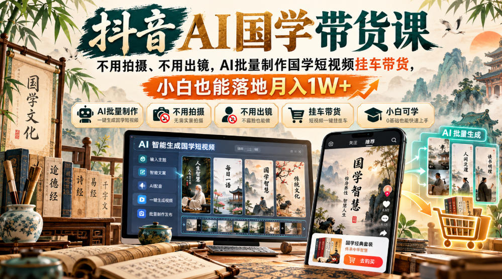 抖音AI国学带货课,不用拍摄、不用出镜,AI批量制作国学短视频挂车带货,小白也能落地月入1W+ 抖音AI国学带货课,不用拍摄、不用出镜,AI批量制作国学短视频挂车带货,小白也能落地月入1W+