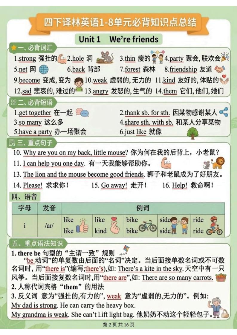 四年级下英语1-8单元知识点汇总《译林版》-荆楚AI