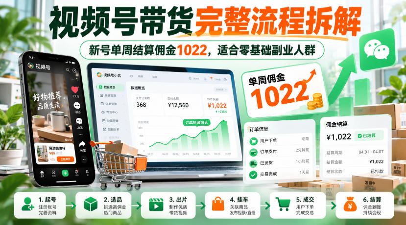 视频号带货完整流程拆解，新号单周结算佣金1022，适合零基础副业人群-荆楚AI