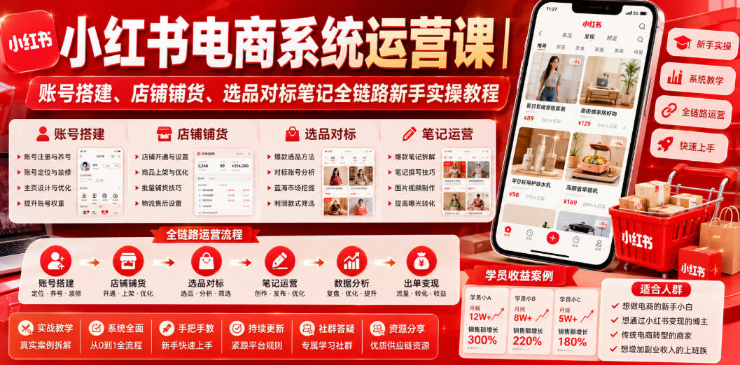 小红书电商系统运营课｜账号搭建、店铺铺货、选品对标笔记全链路新手实操教程-荆楚AI