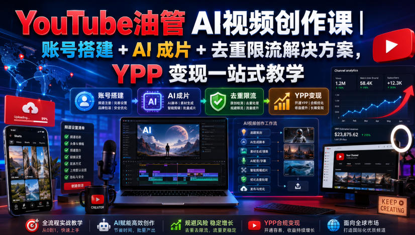 YouTube油管AI视频创作课|账号搭建+AI成片+去重限流解决方案,YPP变现一站式教学-荆楚AI