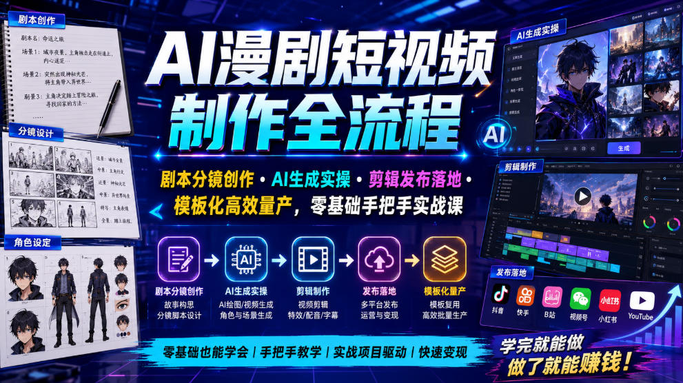 AI漫剧短视频制作全流程|剧本分镜创作・AI生成实操・剪辑发布落地・模板化高效量产,零基础手把手实战课-荆楚AI