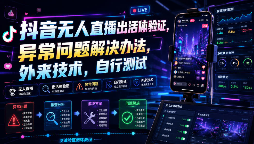 抖音无人直播出活体验证，异常问题解决办法，外来技术，自行测试-荆楚AI