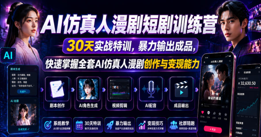 AI仿真人漫剧短剧训练营,30天实战特训,暴力输出成品,快速掌握全套AI仿真人漫剧创作与变现能力-荆楚AI