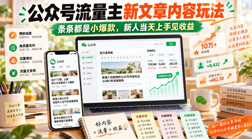 公众号流量主新文章内容玩法,条条都是小爆款,新人当天上手见收益-荆楚AI