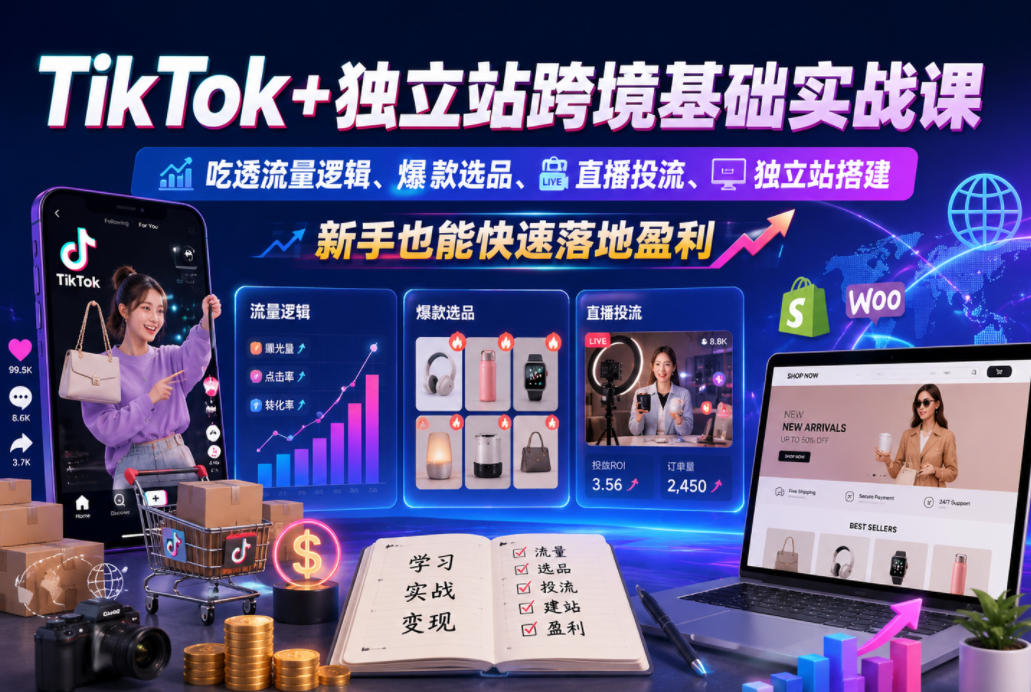 TikTok+独立站跨境基础实战课，吃透流量逻辑、爆款选品、直播投流与独立站搭建，新手也能快速落地盈利-荆楚AI