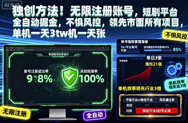 独创方法！无限注册账号，短剧平台全自动掘金，不惧风控，领先市面所有项目，单机一天3张【揭秘】小淇云库-创业网-网赚副业-网创副业-项目拆解-技术类创业资源网-副业网-免费资源下载小淇云库