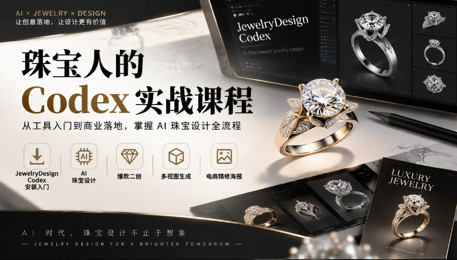 珠宝人的Codex实战课程|JewelryDesign Codex安装入门、AI珠宝设计、爆款二创、多视图生成、电商精修海报全链路教学-荆楚AI