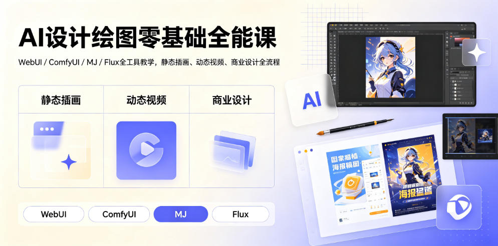 AI设计绘图零基础全能课｜WebUI/ComfyUI/MJ/Flux全工具教学，静态插画、动态视频、商业设计全流程-荆楚AI
