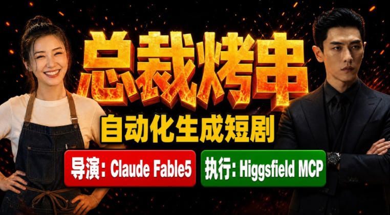 Claude Fable5担任导演+Higgsfield MCP落地执行|《总裁烤串》真人质感短剧全自动AI生成全流程教学-荆楚AI