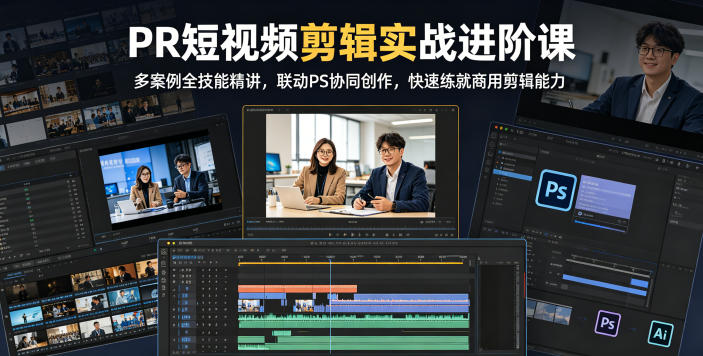 PR短视频剪辑实战进阶课,多案例全技能精讲,联动PS协同创作,快速练就商用剪辑能力-荆楚AI
