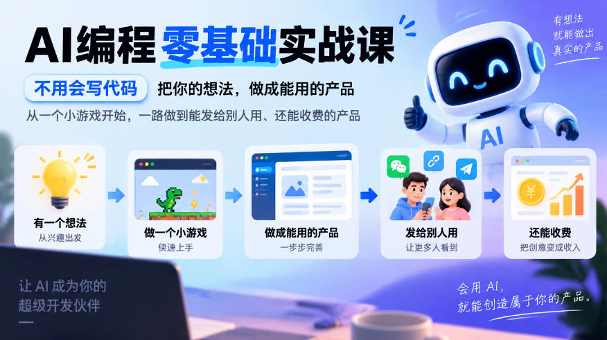 AI编程零基础实战课,不用会写代码,把你的想法,做成能用的产品,从一个小游戏开始,一路做到能发给别人用、还能收费的产品-荆楚AI