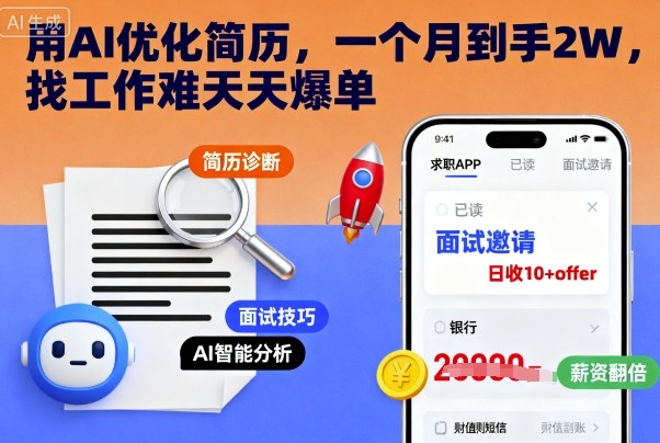 用AI优化简历，一个月到手2W，找工作难天天爆单小淇云库-创业网-网赚副业-网创副业-项目拆解-技术类创业资源网-副业网-免费资源下载小淇云库