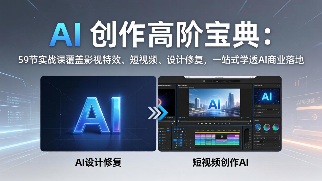 AI 创作高阶宝典:59节实战课覆盖影视特效、短视频、设计修复,一站式学透AI商业落地小淇云库-创业网-网赚副业-网创副业-项目拆解-技术类创业资源网-副业网-免费资源下载小淇云库