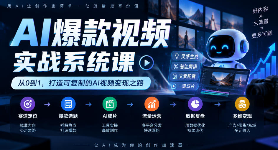 AI爆款视频实战系统课|赛道定位、爆款选题、AI成片、流量运营、数据复盘、多维变现全链路教学-荆楚AI