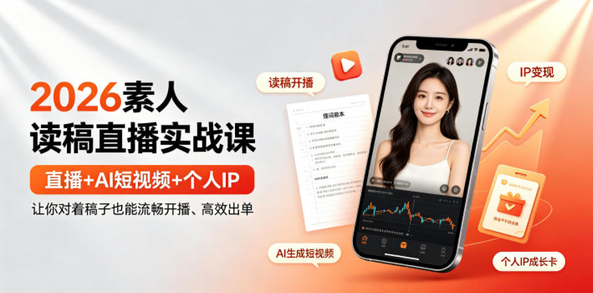 2026素人读稿直播实战课|直播+AI短视频+个人IP,让你对着稿子也能流畅开播、高效出单-荆楚AI