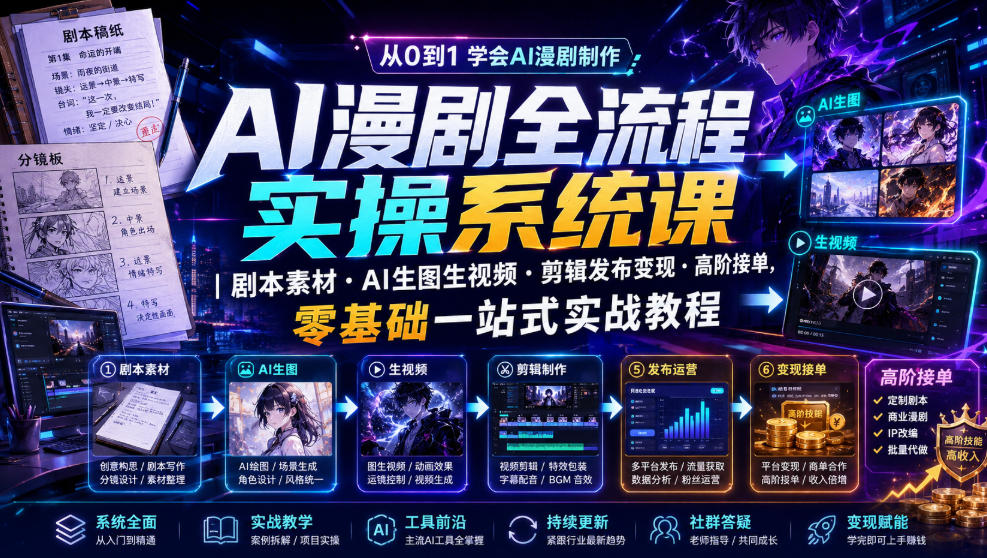 AI漫剧全流程实操系统课｜剧本素材・AI生图生视频・剪辑发布变现・高阶接单，零基础一站式实战教程-荆楚AI