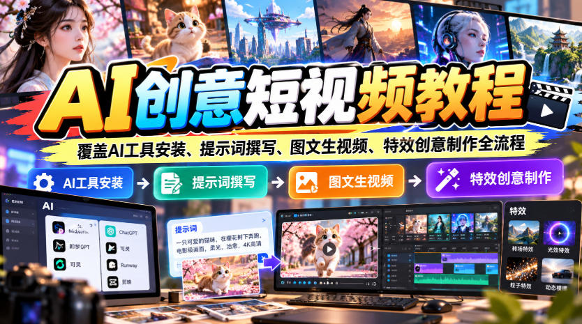 AI创意短视频教程，覆盖AI工具安装、提示词撰写、图文生视频、特效创意制作全流程-荆楚AI