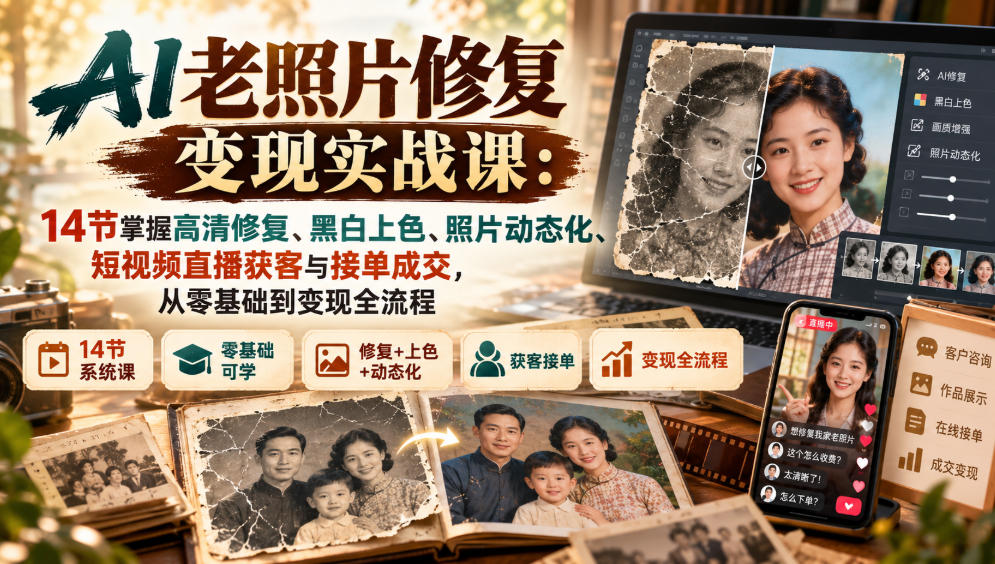 AI老照片修复变现实战课:14节掌握高清修复、黑白上色、照片动态化、短视频直播获客与接单成交,从零基础到变现全流程-荆楚AI
