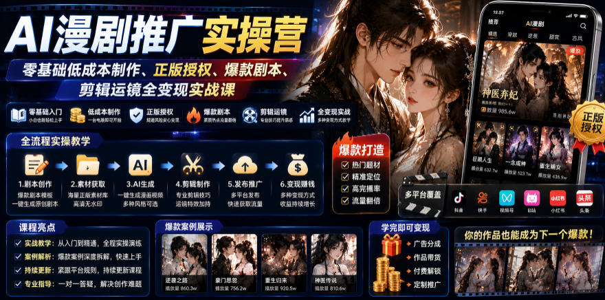 AI漫剧推广实操营|零基础低成本制作、正版授权、爆款剧本、剪辑运镜全变现实战课-荆楚AI