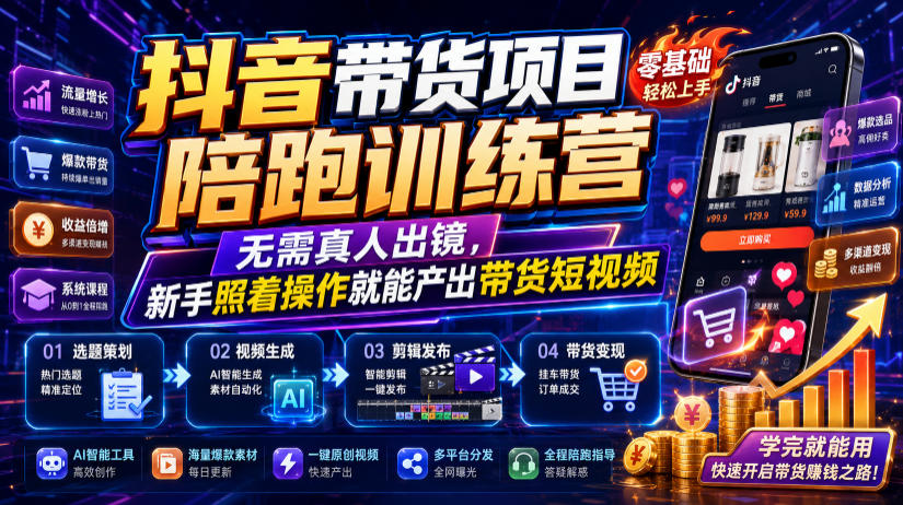 抖音带货项目陪跑训练营，无需真人出镜，新手照着操作就能产出带货短视频(更新0811)-荆楚AI