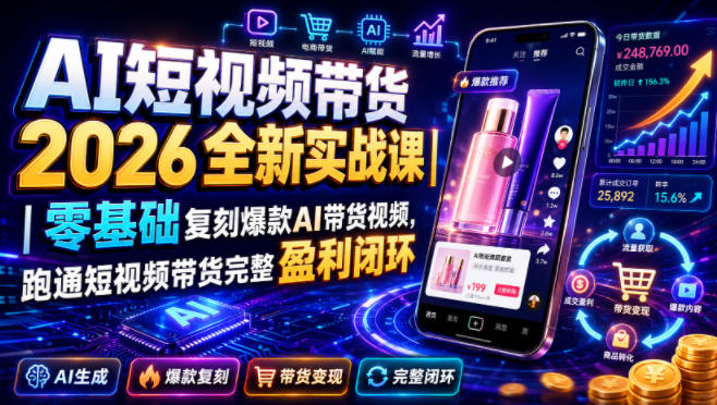 AI短视频带货2026全新实战课|零基础复刻爆款AI带货视频,跑通短视频带货完整盈利闭环-荆楚AI