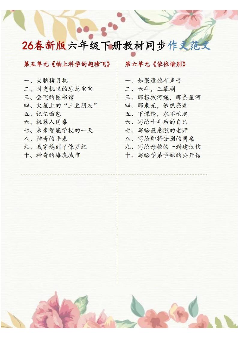 六年级下语文1-8单元同步作文范文-荆楚AI