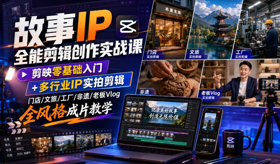 故事IP全能剪辑创作实战课|剪映零基础入门+多行业IP实拍剪辑,门店/文旅/工厂/非遗/老板Vlog全风格成片教学-荆楚AI