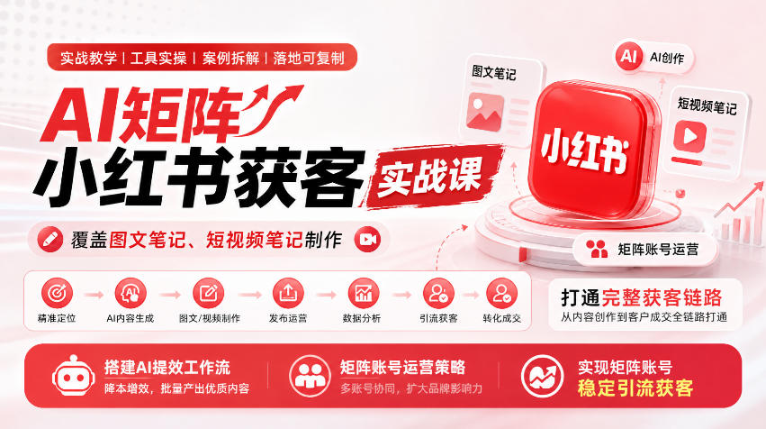 AI矩阵小红书获客实战课，覆盖图文笔记、短视频笔记制作，打通完整获客链路，搭建AI提效工作流，实现矩阵账号稳定引流获客-荆楚AI