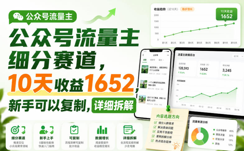 公众号流量主细分赛道，10天收益1652，新手可以复制，详细拆解-荆楚AI