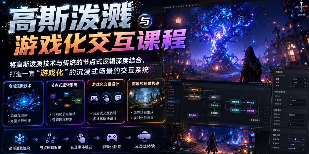 高斯泼溅与游戏化交互课程，将高斯泼溅技术与传统的节点式逻辑深度结合，打造一套“游戏化”的沉浸式场景的交互系统-荆楚AI