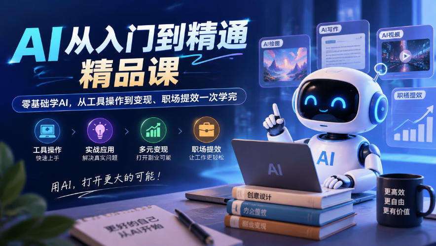 AI从入门到精通精品课,零基础学AI,从工具操作到变现、职场提效一次学完-荆楚AI