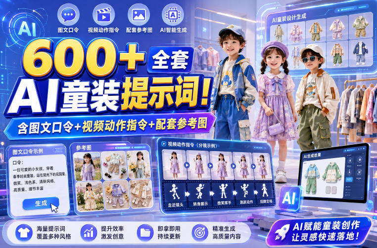 600+全套AI童装提示词！含图文口令+视频动作指令+配套参考图，Word-Excel规整分类，童装电商、种草无脑量产内容！-荆楚AI