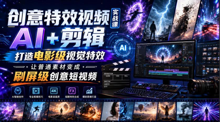 创意特效视频实战课,AI+剪辑打造电影级视觉特效,让普通素材变成刷屏级创意短视频-荆楚AI