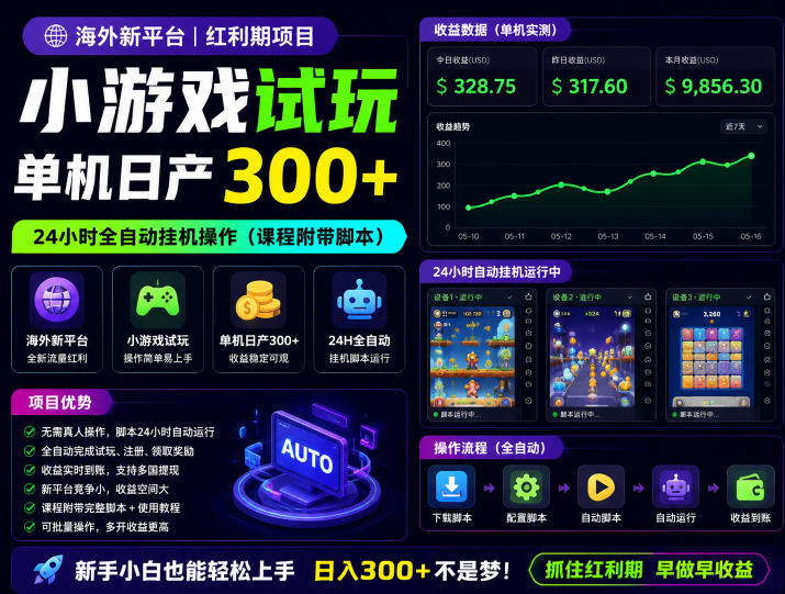 海外新平台，小游戏试玩，单机日产300+，24小时全自动挂G操作(课程附带脚本)【揭秘】-荆楚AI
