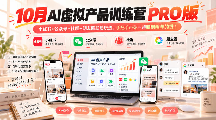 10月AI虚拟产品训练营PRO版，小红书+公众号+社群+朋友圈联动玩法，手把手带你一起赚到明年的钱！（更新1029）-荆楚AI