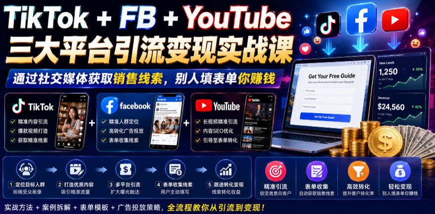 TikTok+FB+YouTube三大平台引流变现实战课,通过社交媒体获取销售线索,别人填表单你賺钱【原创双语字幕】-荆楚AI