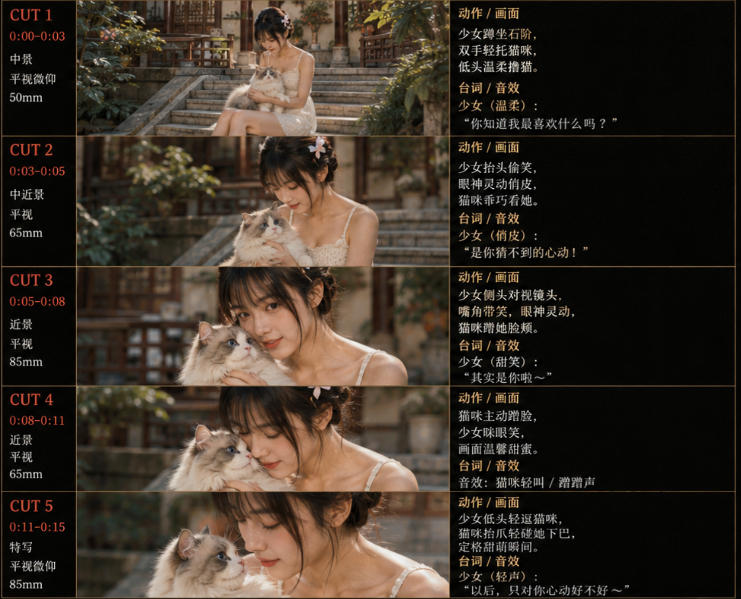 美女和猫故事提示词,人物一致性提示词+故事板-荆楚AI