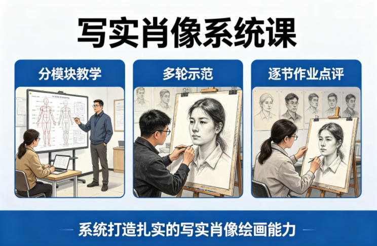 写实肖像系统课，全程分模块教学+多轮示范+逐节作业点评，系统打造扎实的写实肖像绘画能力小淇云库-创业网-网赚副业-网创副业-项目拆解-技术类创业资源网-副业网-免费资源下载小淇云库