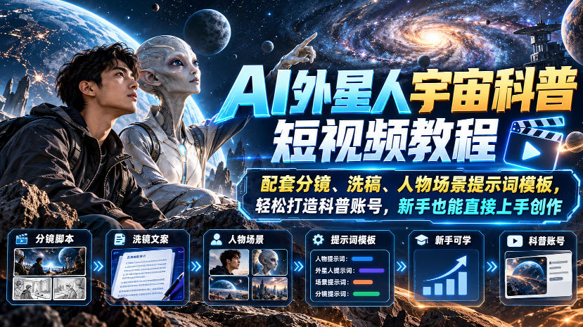AI外星人宇宙科普短视频教程，配套分镜、洗稿、人物场景提示词模板，轻松打造科普账号，新手也能直接上手创作-荆楚AI