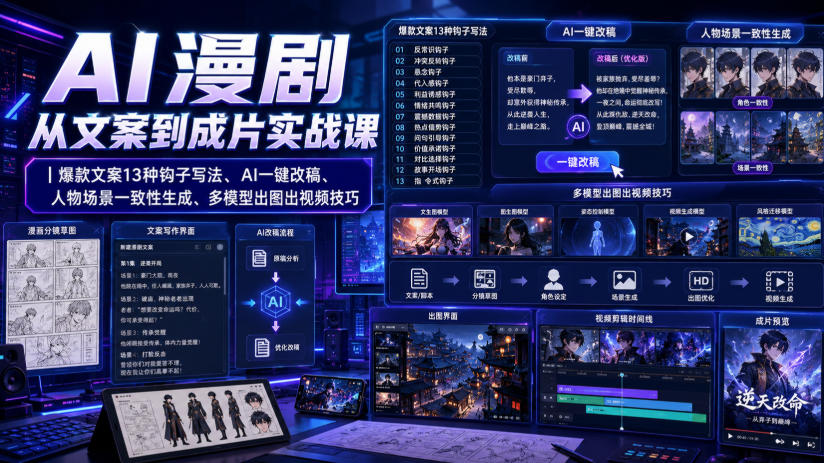 AI漫剧从文案到成片实战课｜爆款文案13种钩子写法、AI一键改稿、人物场景一致性生成、多模型出图出视频技巧-荆楚AI