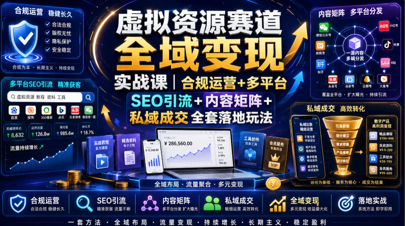 虚拟资源赛道全域变现实战课|合规运营+多平台SEO引流+内容矩阵+私域成交全套落地玩法-荆楚AI