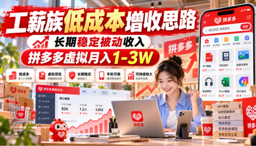 工薪族低成本增收思路,长期稳定被动收入,拼多多虚拟月入1-3W-荆楚AI