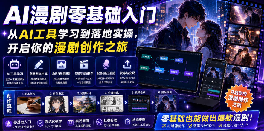 AI漫剧零基础入门,从AI工具学习到落地实操,开启你的漫剧创作之旅-荆楚AI