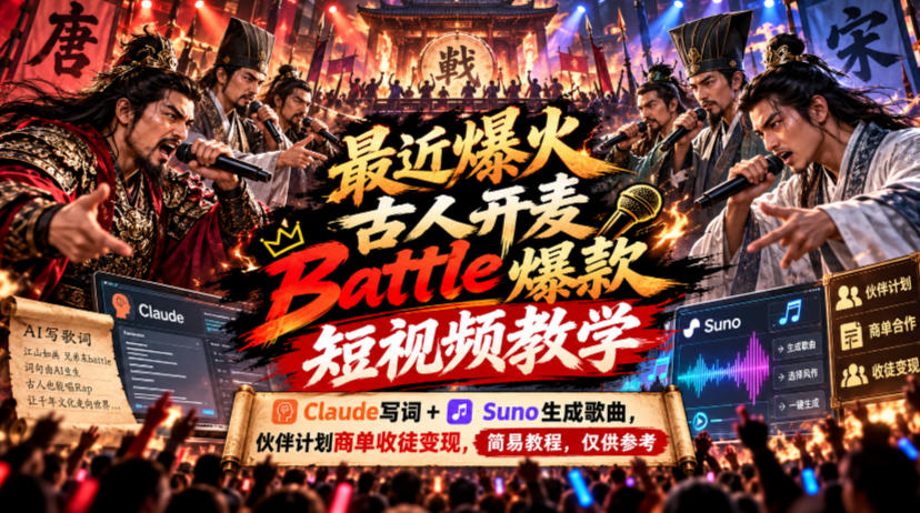 最近爆火古人开麦Battle爆款短视频教学,Claude写词+Suno生成歌曲,伙伴计划商单收徒变现,简易教程,仅供参考-荆楚AI