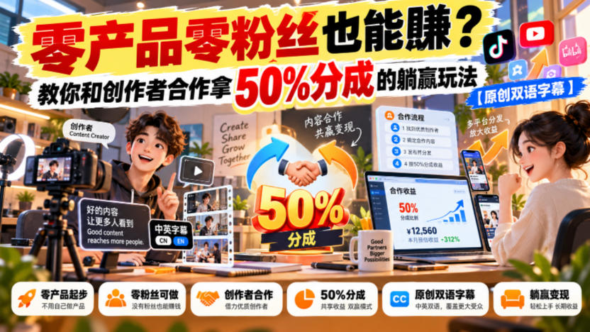 【无水印】零产品零粉丝也能賺?教你和创作者合作拿50%分成的躺赢玩法【原创双语字幕】 【无水印】零产品零粉丝也能賺?教你和创作者合作拿50%分成的躺赢玩法【原创双语字幕】