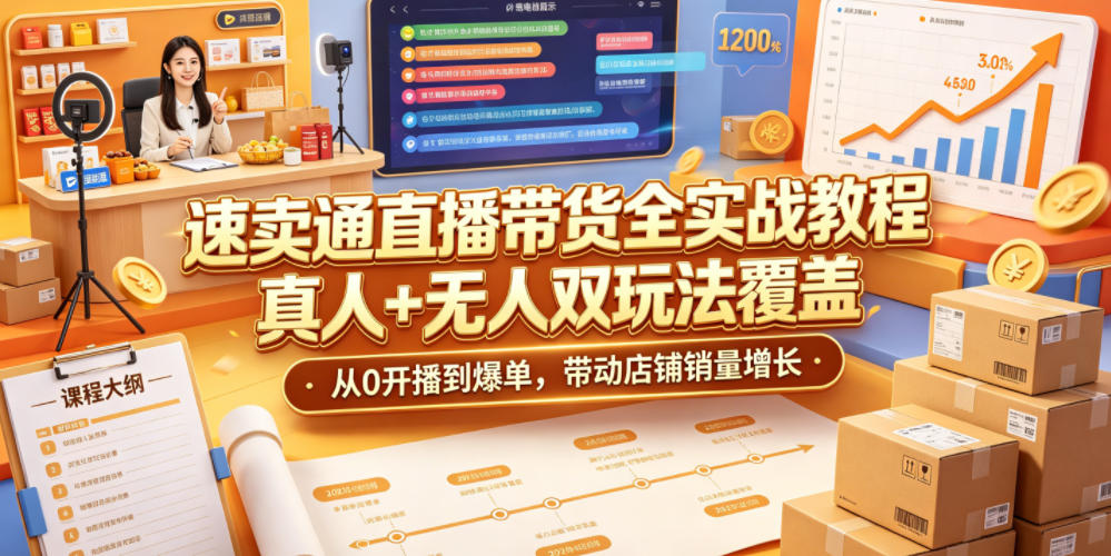 速卖通直播带货全实战教程，真人+无人双玩法覆盖，从0开播到爆单，带动店铺销量增长-荆楚AI