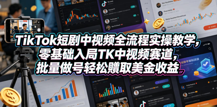 TikTok短剧中视频全流程实操教学,零基础入局TK中视频赛道,批量做号轻松賺取美金收益-荆楚AI