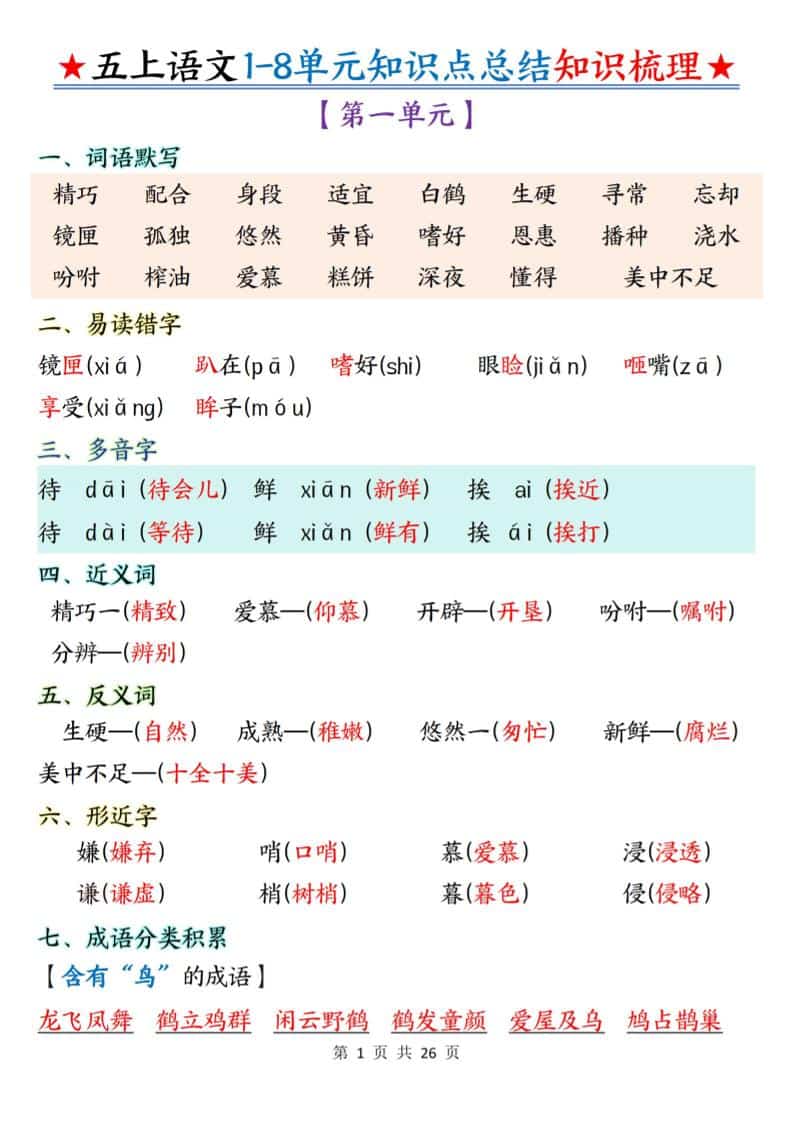 五年级上语文1-8单元知识点总结知识梳理-荆楚AI